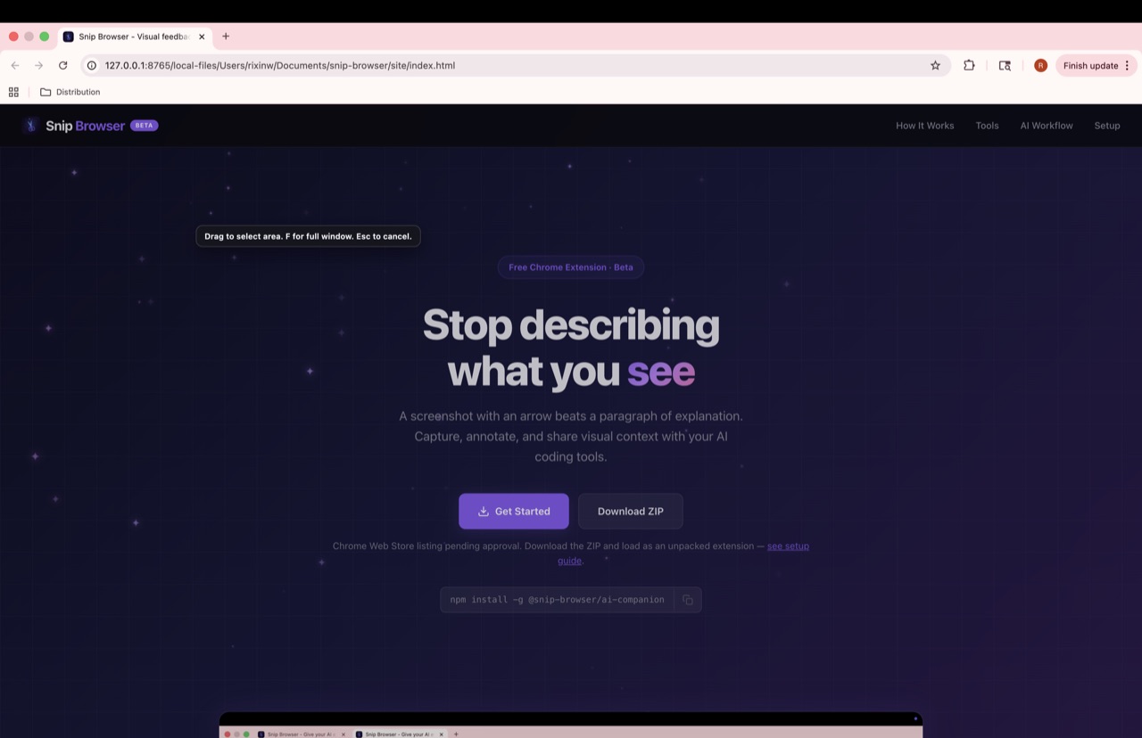 Snip Browser capture overlay on a webpage